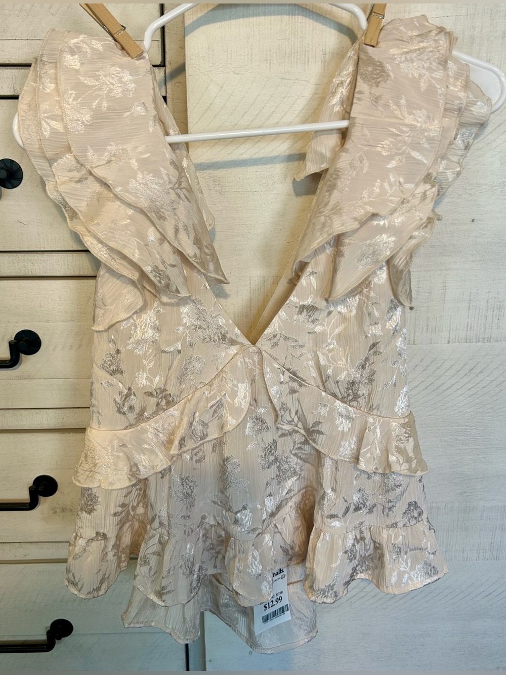 Trixxi Shimmery Cream Floral Ruffle V-Neck Top